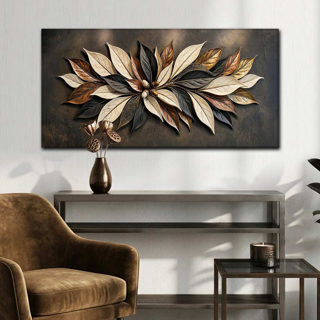 Quadro Folhagem de Bronze sobre aparador de metal com vaso e poltrona de veludo