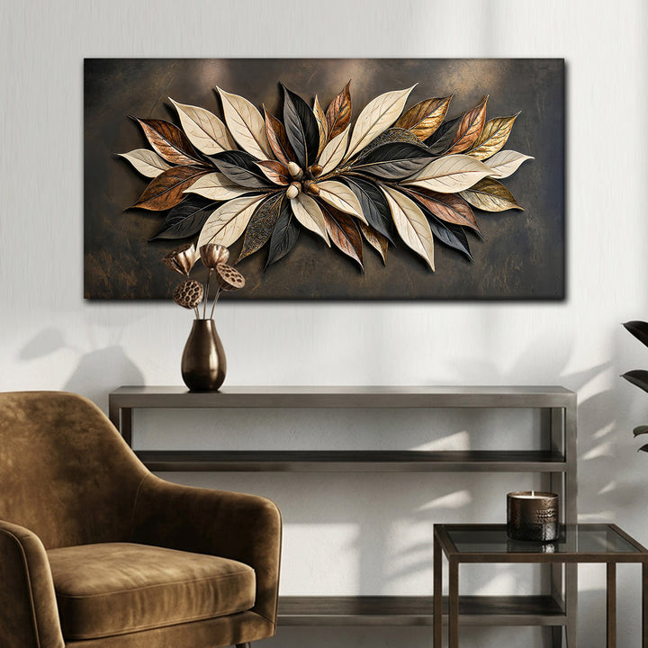 Quadro Folhagem de Bronze sobre aparador de metal com vaso e poltrona de veludo