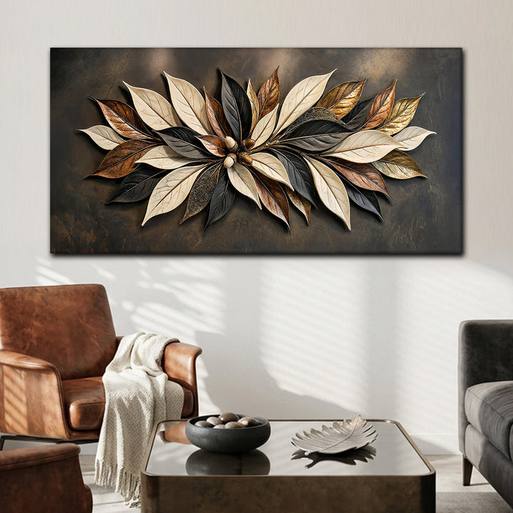 Quadro Folhagem de Bronze em sala com poltrona de couro e mesa de centro