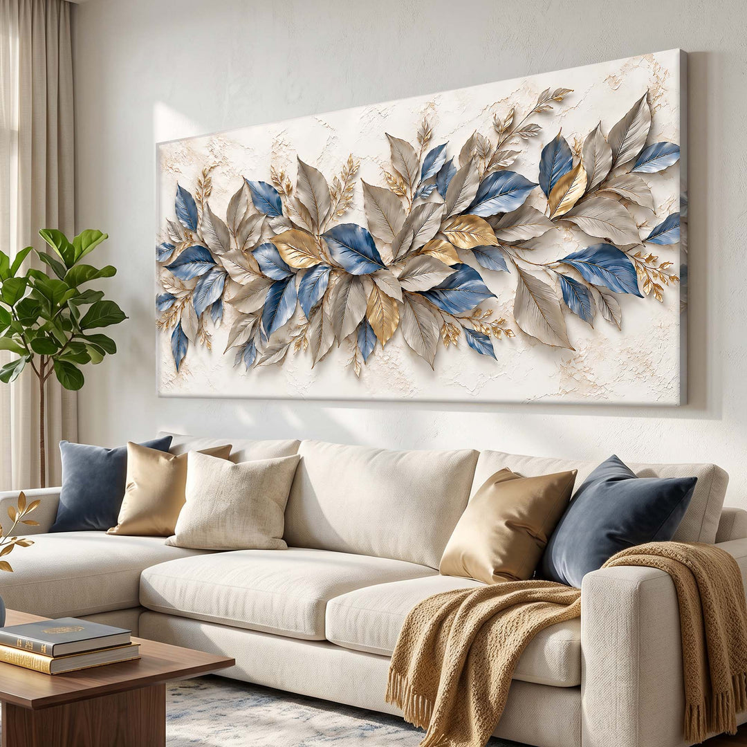 Quadro Folhas Azul e Dourado acima do sofá bege, com manta e almofadas