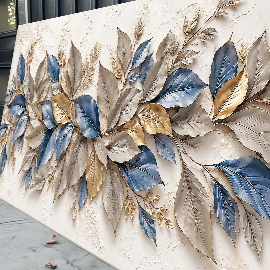 Quadro Folhas Azul e Dourado: folhas em relevo nos tons de creme, dourado e azul