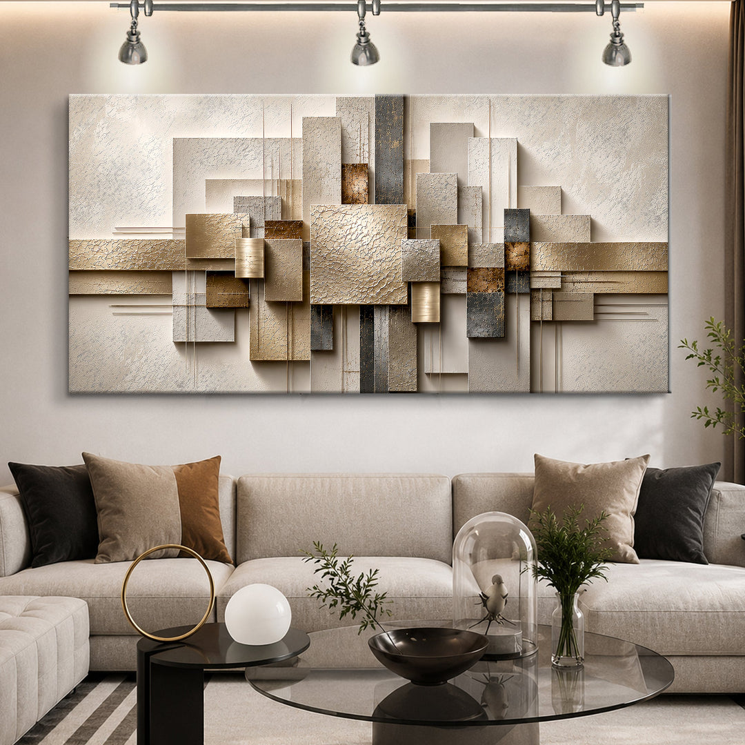Quadro Geometria Dourada acima de sofá bege em sala com spots de trilho e mesa de vidro