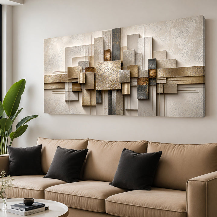 Quadro Geometria Dourada visto de lado sobre sofá caramelo com almofadas pretas