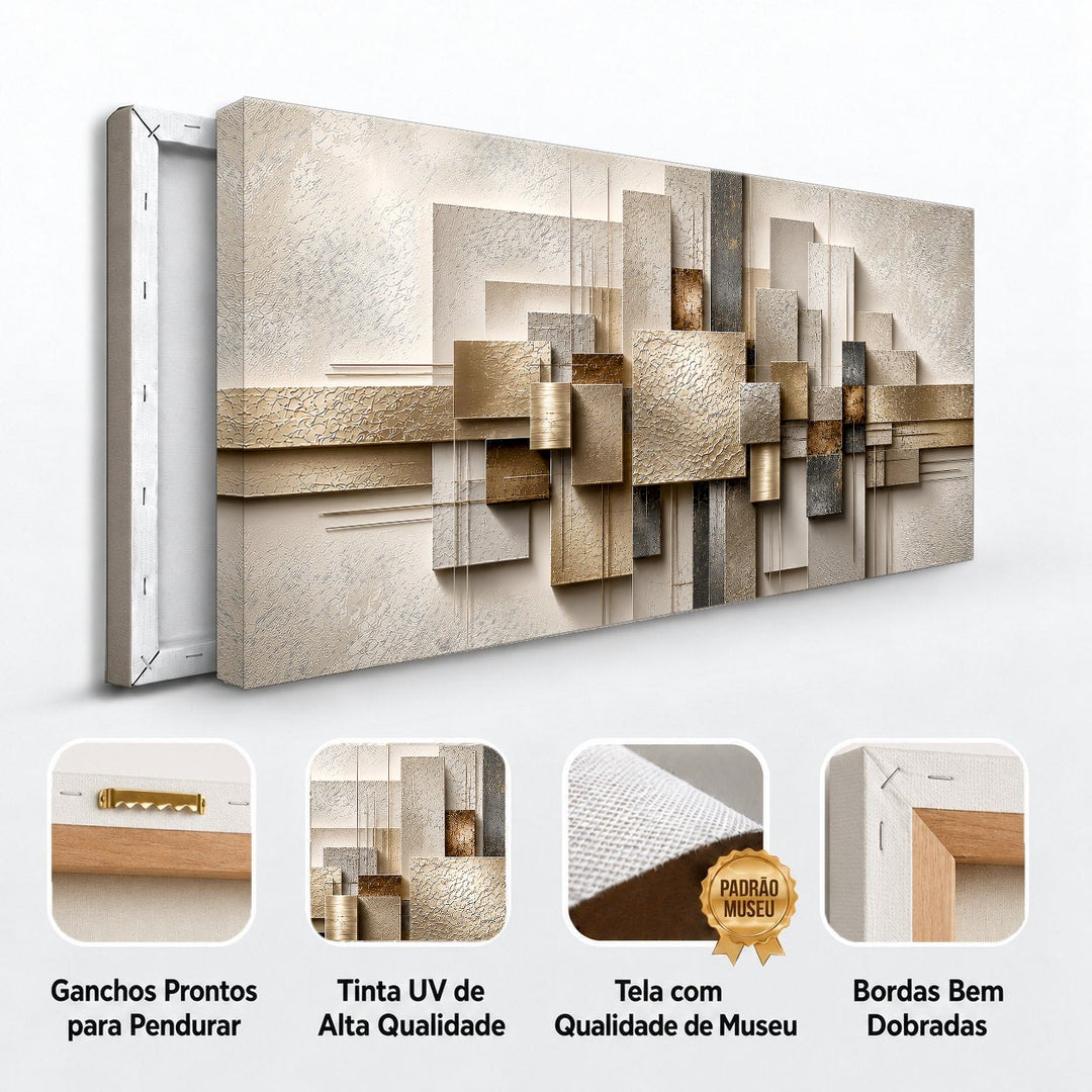 Detalhes do quadro Geometria Dourada: ganchos para pendurar, tinta UV, tela de museu e bordas dobradas
