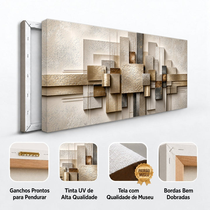 Detalhes do quadro Geometria Dourada: ganchos para pendurar, tinta UV, tela de museu e bordas dobradas