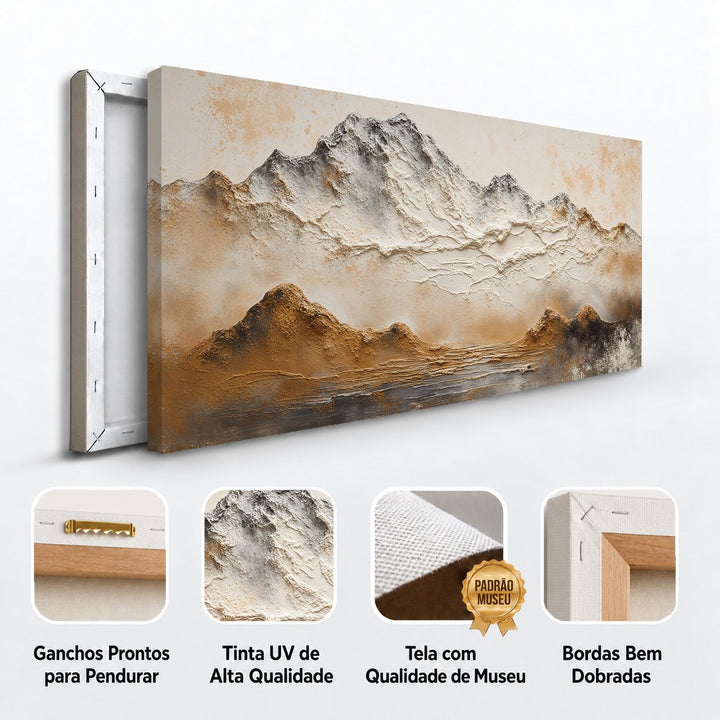 Detalhes do quadro Horizonte Âmbar: ganchos para pendurar, tinta UV, tela de museu e bordas dobradas