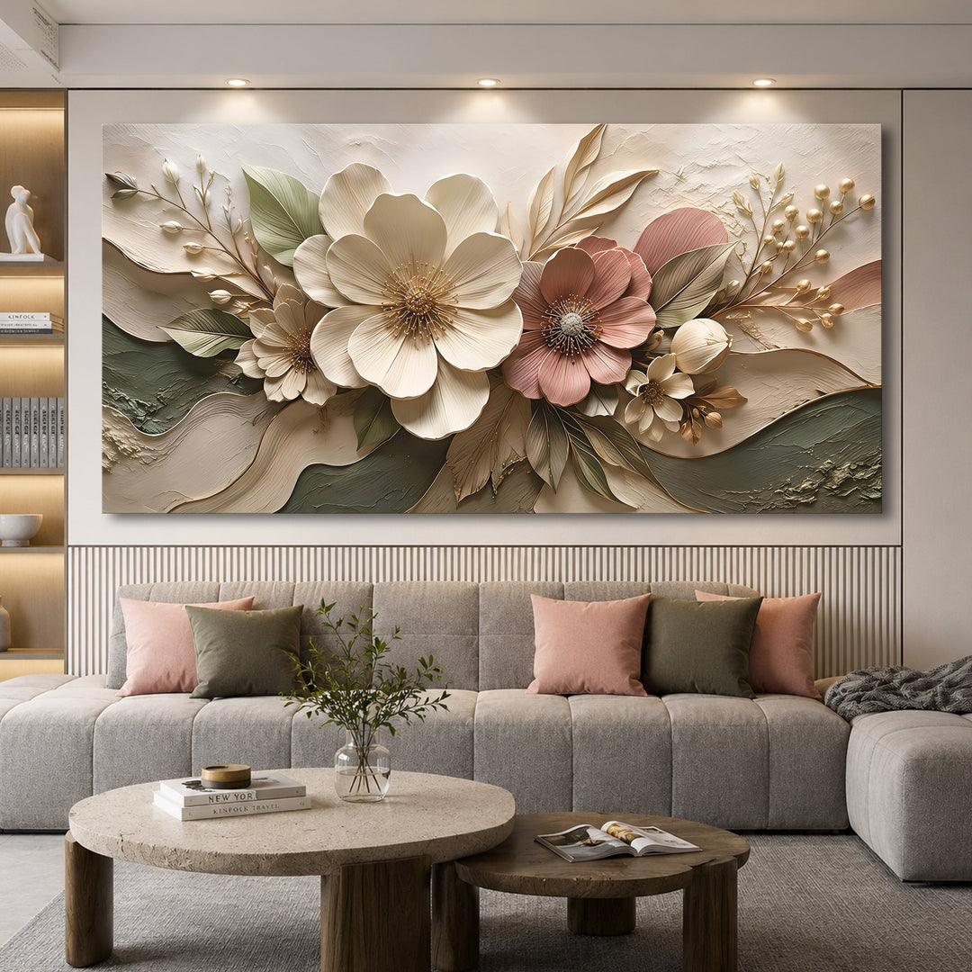Quadro Jardim Rosé acima do sofá cinza com almofadas rosa e verdes