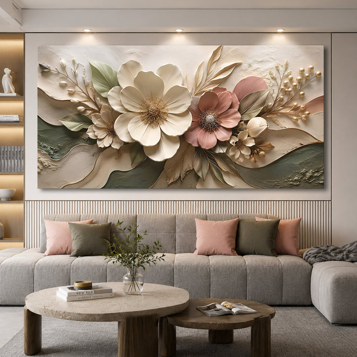 Quadro Jardim Rosé acima do sofá cinza com almofadas rosa e verdes