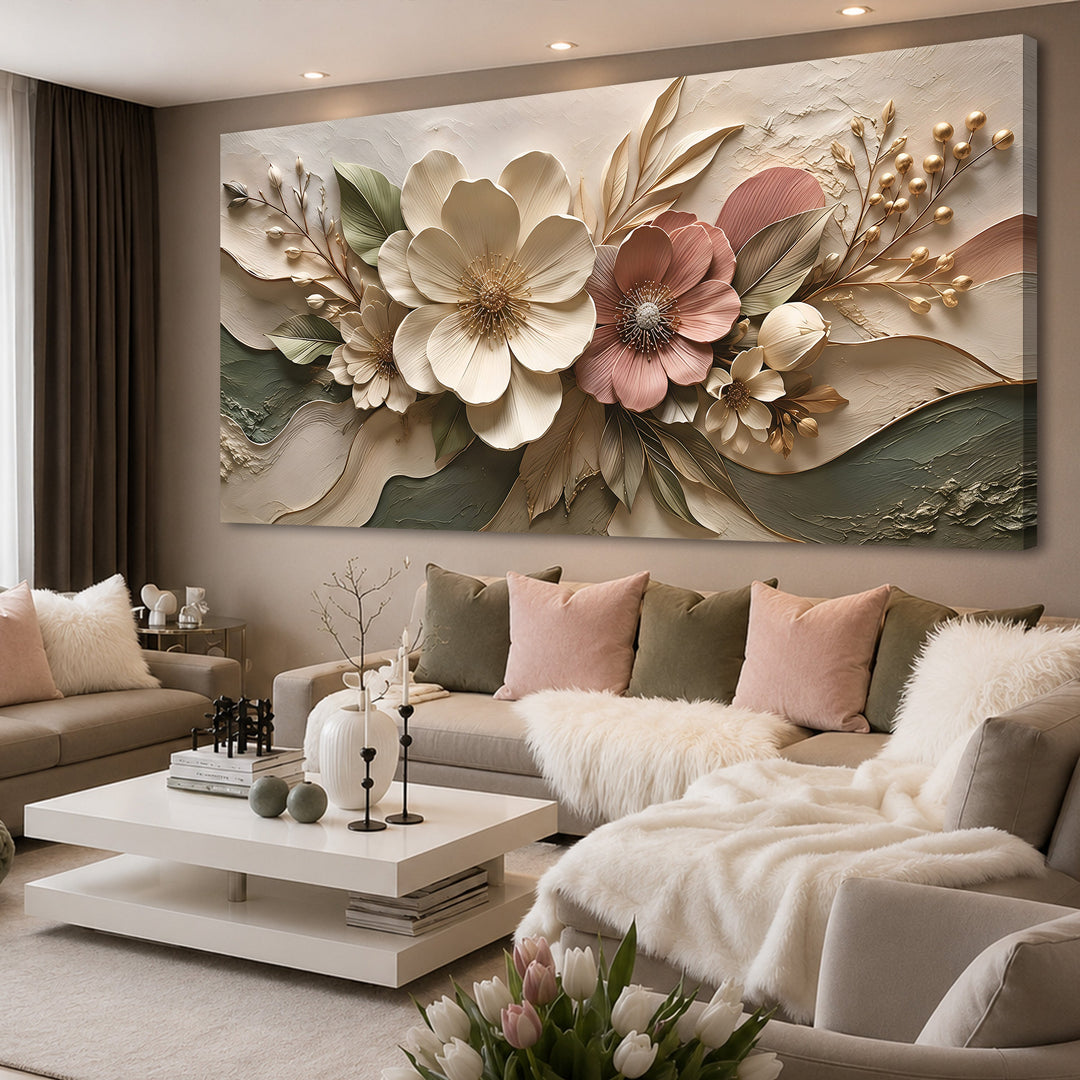 Quadro Jardim Rosé em vista angulada, em sala com sofá branco e manta felpuda