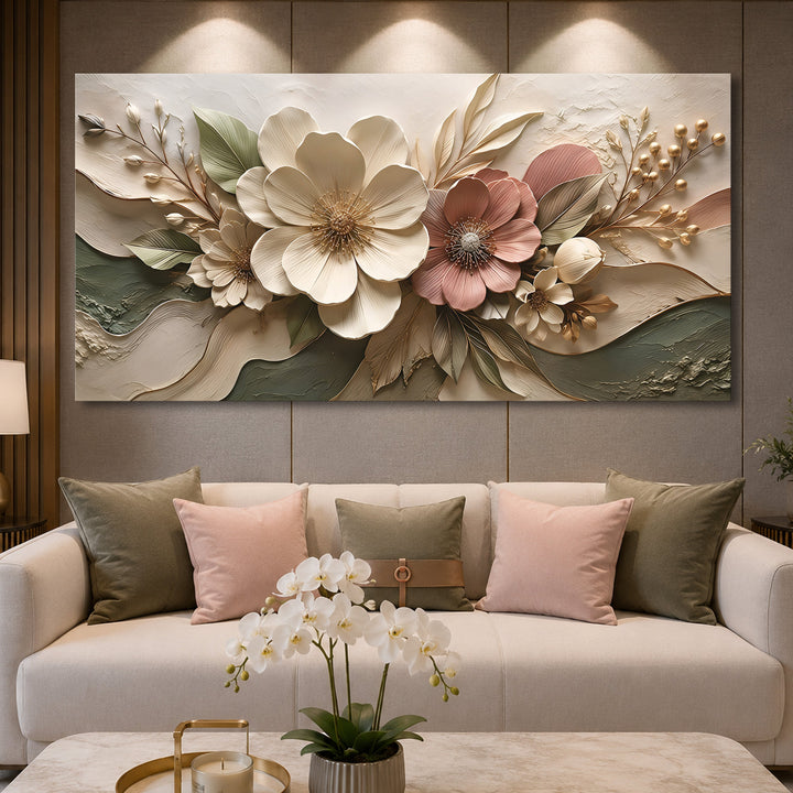 Quadro Jardim Rosé acima do sofá claro, com orquídea branca à frente