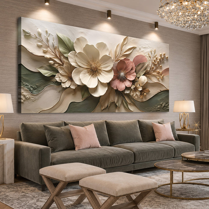 Quadro Jardim Rosé em sala com sofá verde e lustre de cristal