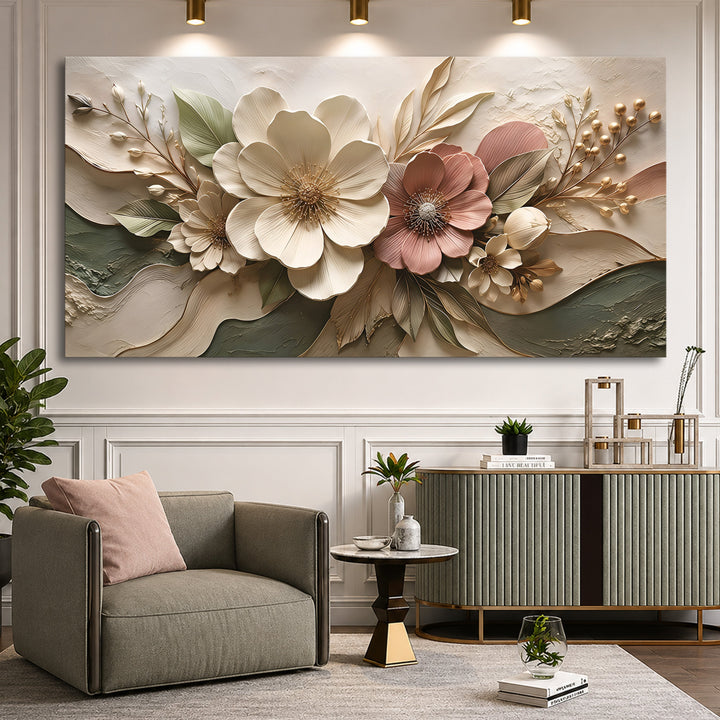 Quadro Jardim Rosé acima de poltrona verde e aparador canelado