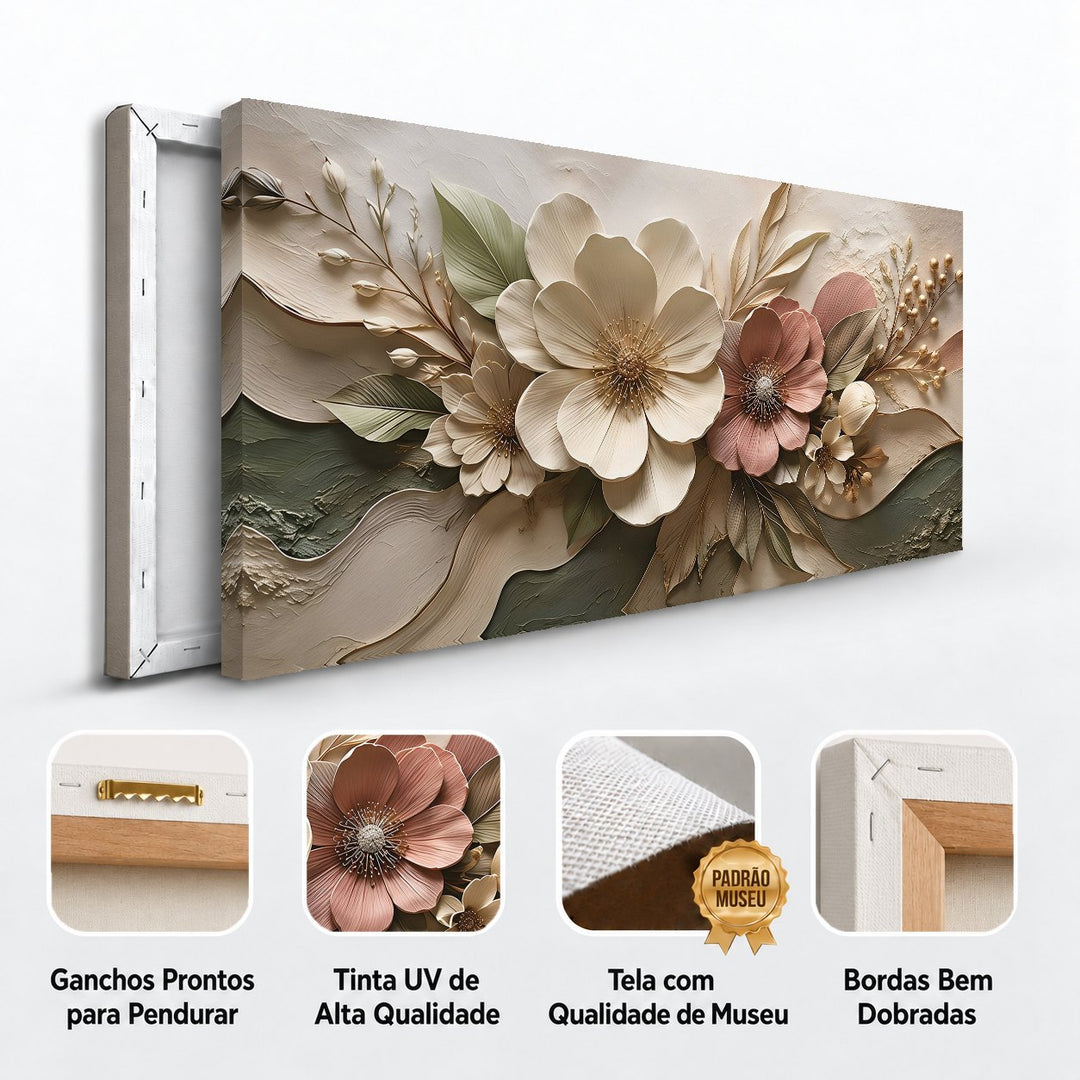 Detalhes do quadro Jardim Rosé: ganchos para pendurar, tinta UV, tela de museu e bordas dobradas