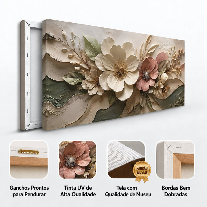 Detalhes do quadro Jardim Rosé: ganchos para pendurar, tinta UV, tela de museu e bordas dobradas