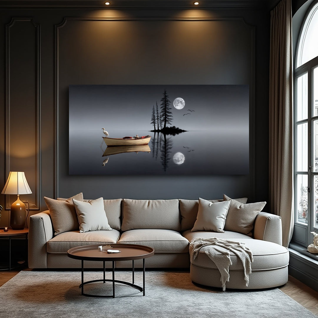 Quadro Lago Noturno acima de sofá curvo bege, em sala clássica com luminária e janela em arco