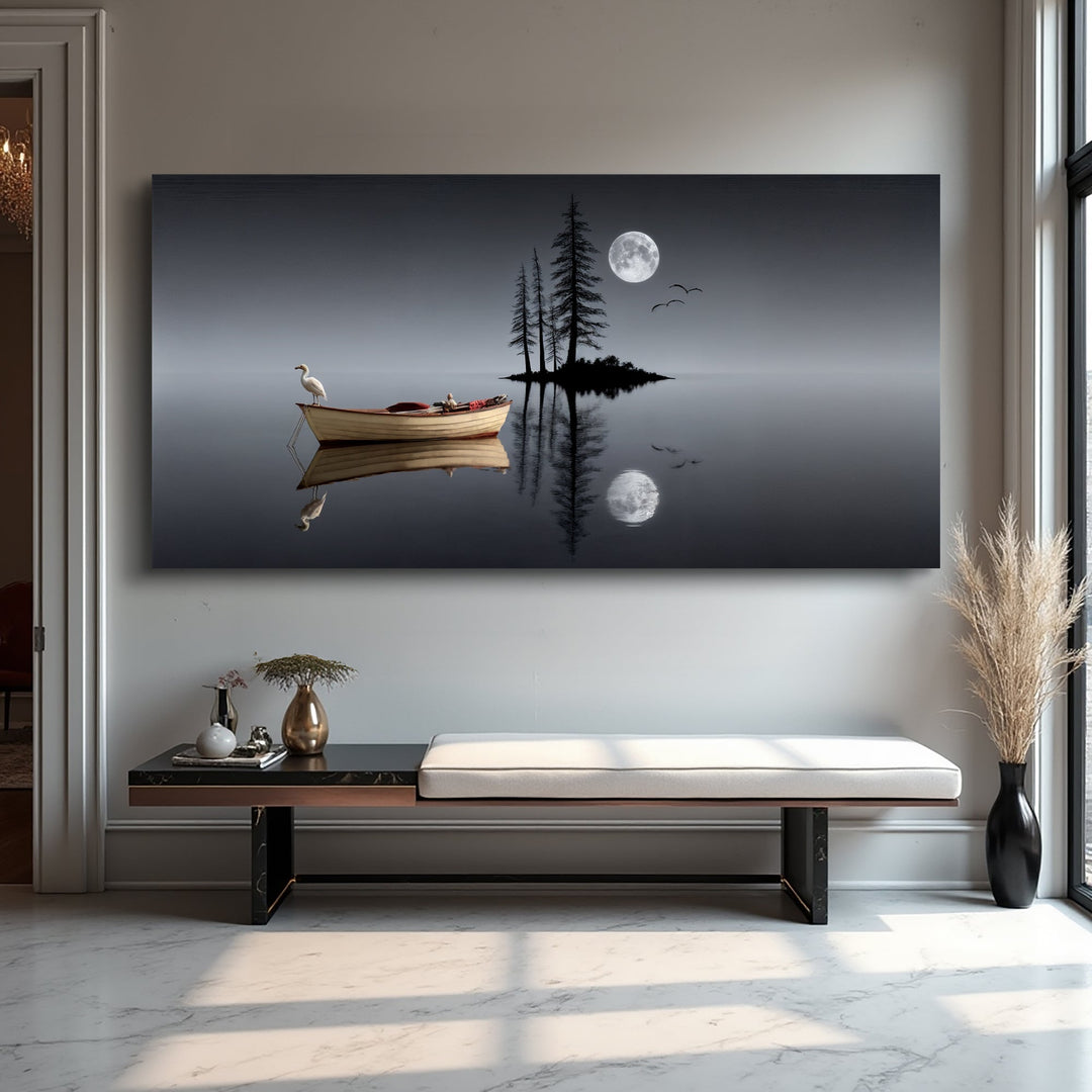 Quadro Lago Noturno acima de banco estofado com vaso de capim-dos-pampas, em hall de mármore