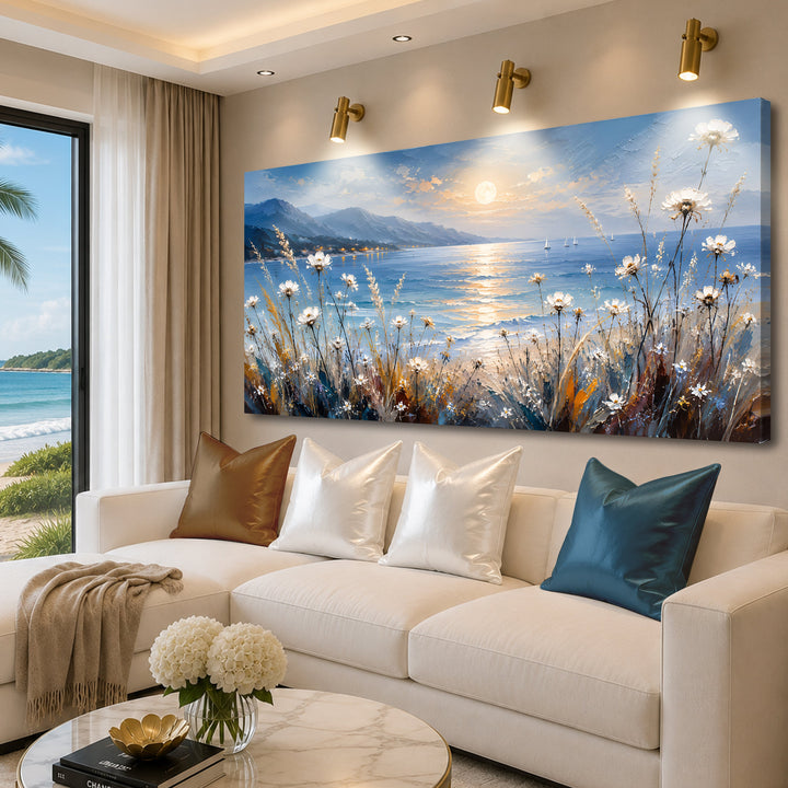 Quadro Luar à Beira-mar em sala com janela para a praia, visto de lado acima do sofá