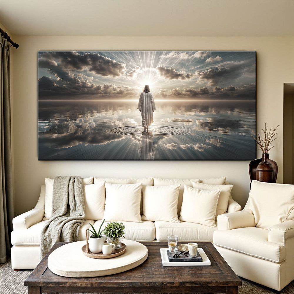 Quadro Luz Sobre as Águas acima de sofá branco com manta, em sala com mesa de centro de madeira