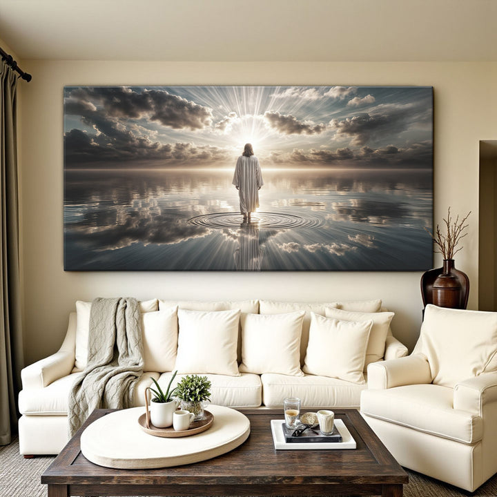 Quadro Luz Sobre as Águas acima de sofá branco com manta, em sala com mesa de centro de madeira