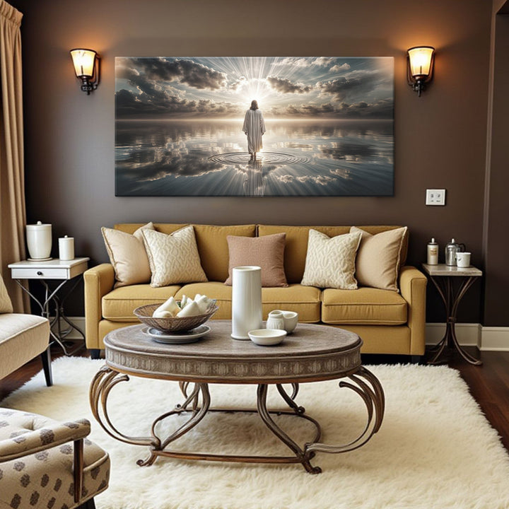 Quadro Luz Sobre as Águas em sala de parede marrom com arandelas, acima de sofá mostarda