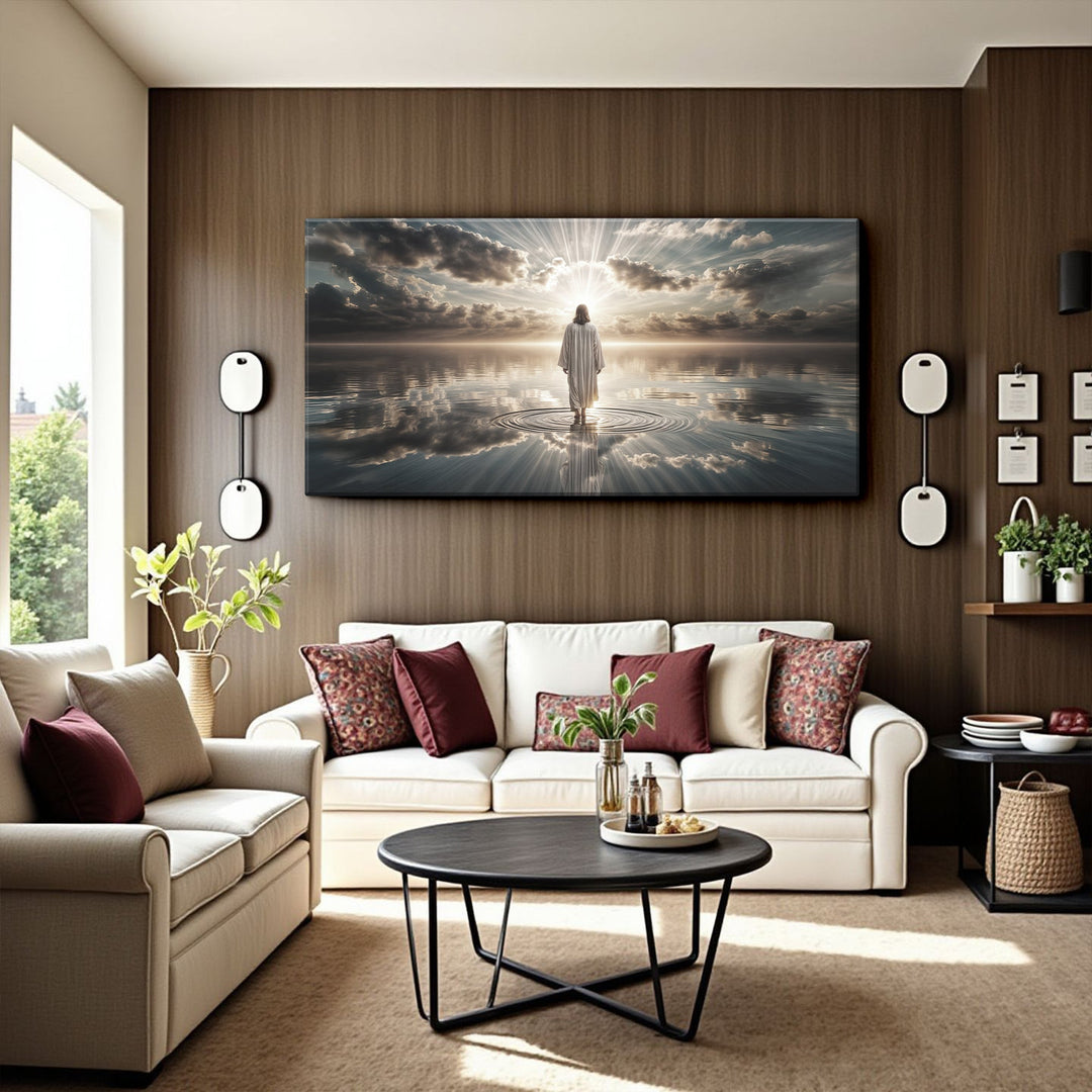 Quadro Luz Sobre as Águas em sala com parede de madeira, acima de sofá branco com almofadas bordô