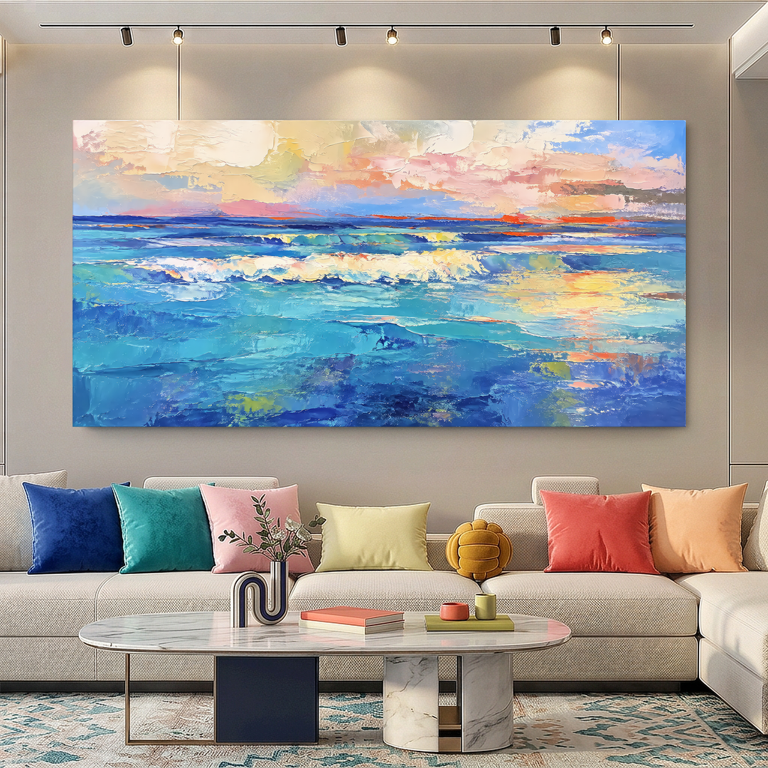 Quadro Mar ao Entardecer acima de sofá com almofadas coloridas, sob trilho de luzes
