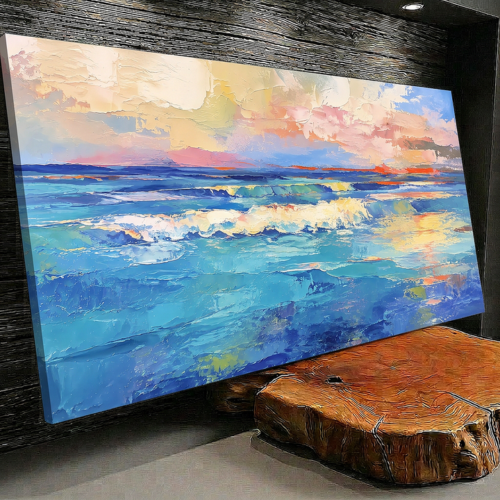 Quadro Mar ao Entardecer visto de lado, em parede escura acima de tronco de madeira