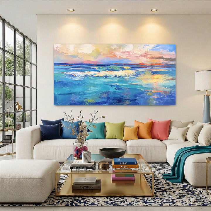 Quadro Mar ao Entardecer em sala ampla com janelas, acima de sofá em L com almofadas coloridas