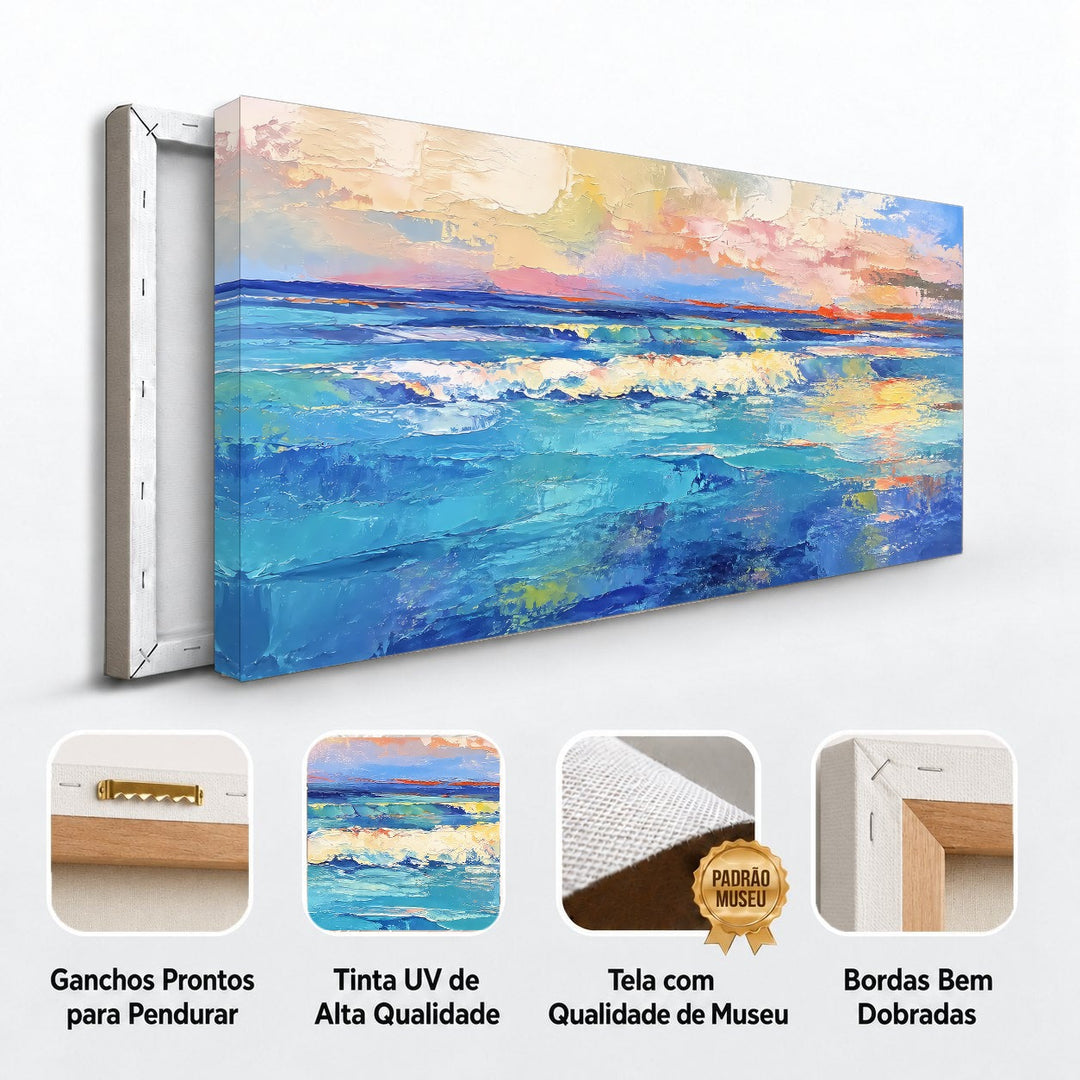 Detalhes do quadro Mar ao Entardecer: ganchos para pendurar, tinta UV, tela de museu e bordas dobradas