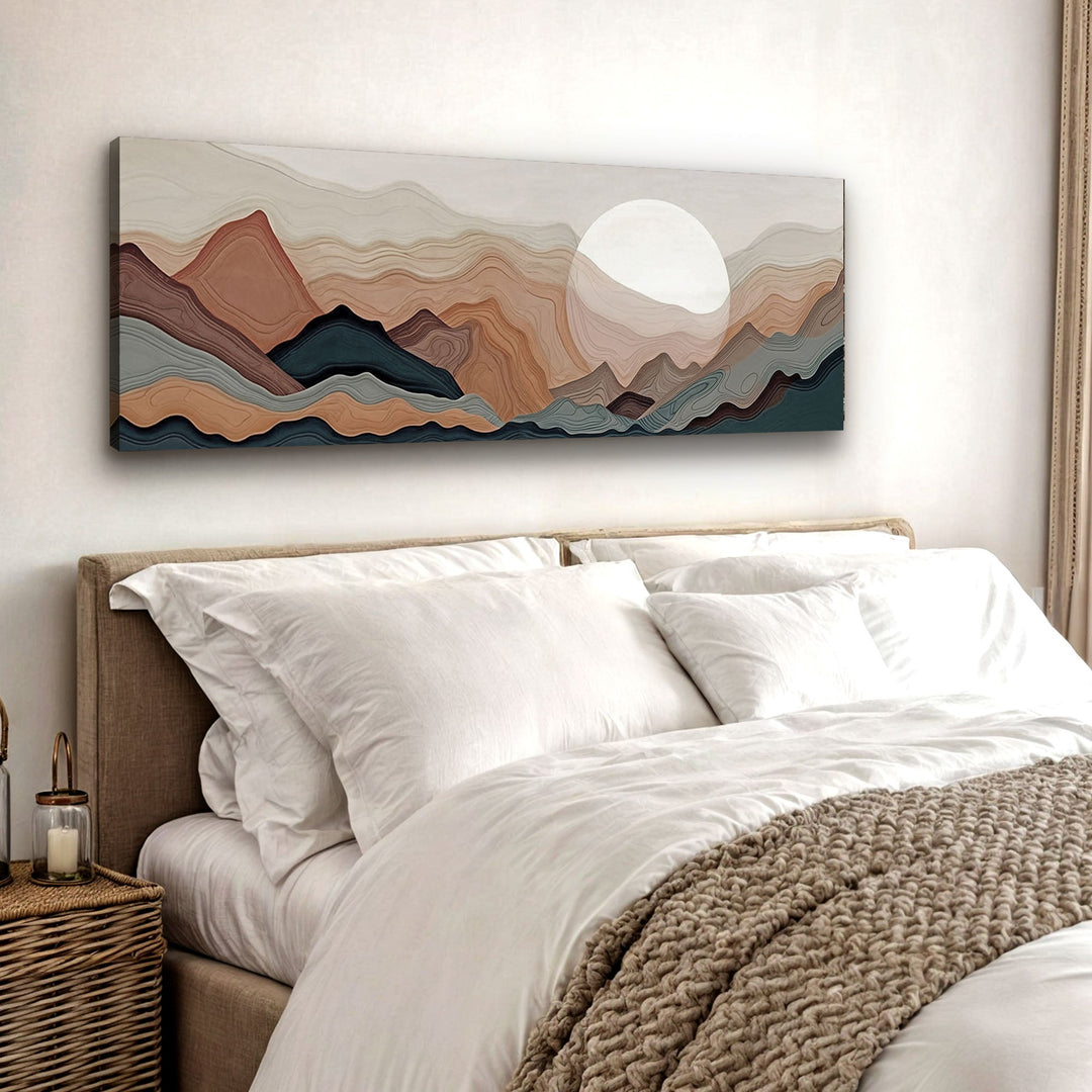 Quadro Montanhas e Rio acima da cabeceira, em quarto claro