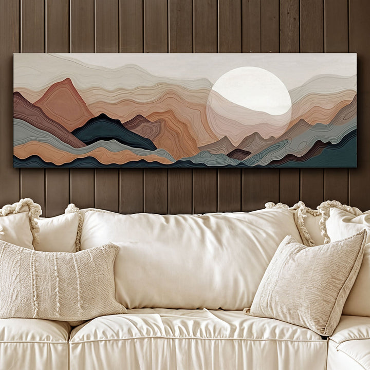 Quadro Montanhas e Rio na parede de madeira, acima da cama