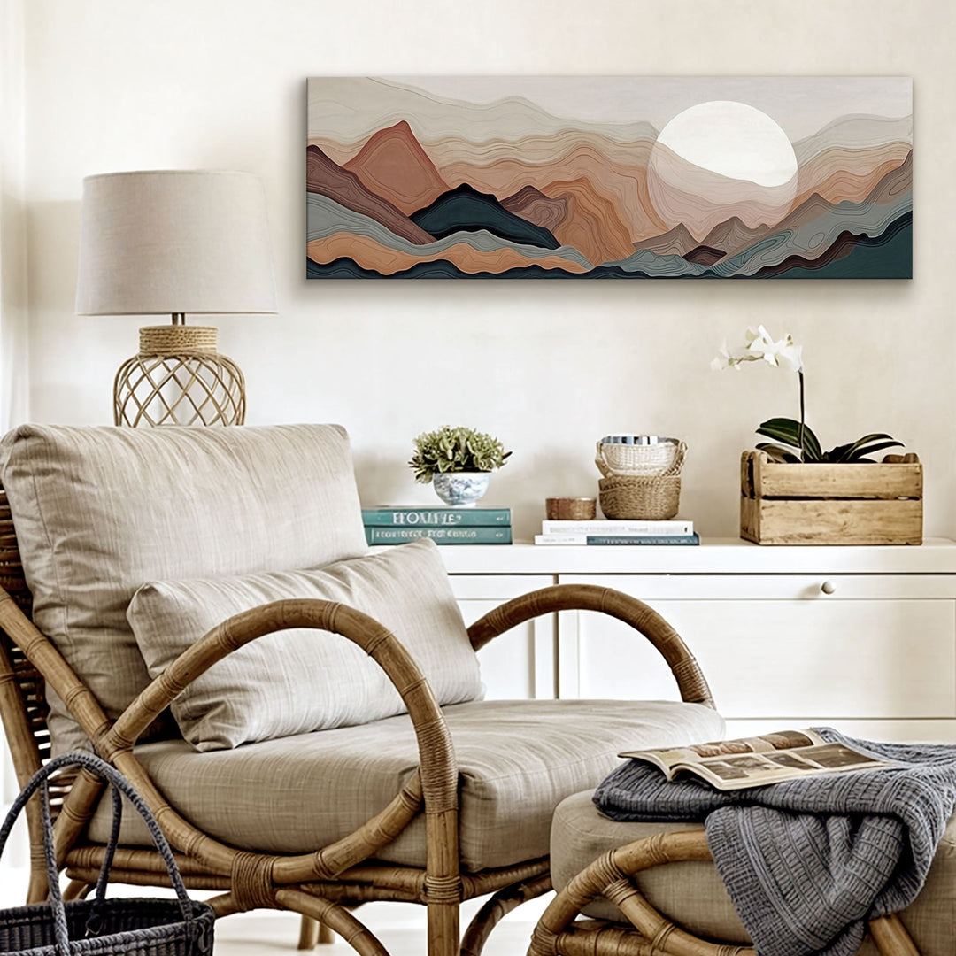 Quadro Montanhas e Rio na sala de estar, com poltrona de palhinha