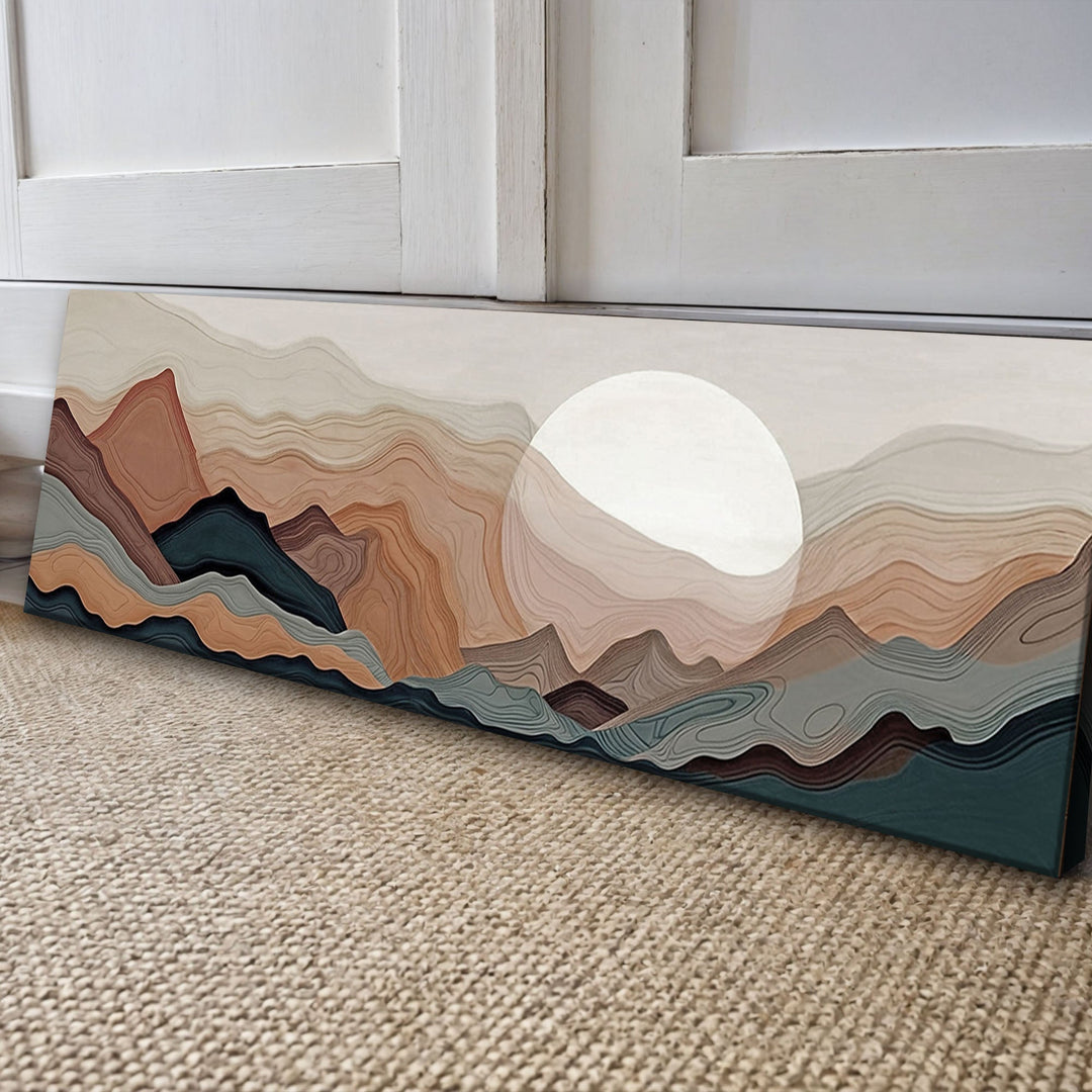 Quadro Montanhas e Rio: montanhas em camadas de terracota, areia e azul