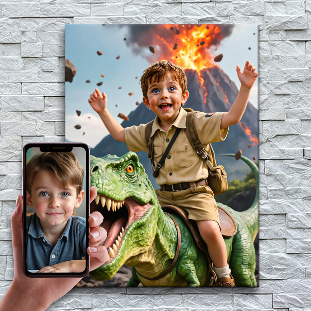 O Aventureiro dos Dinossauros – antes e depois: a foto enviada e o quadro pronto