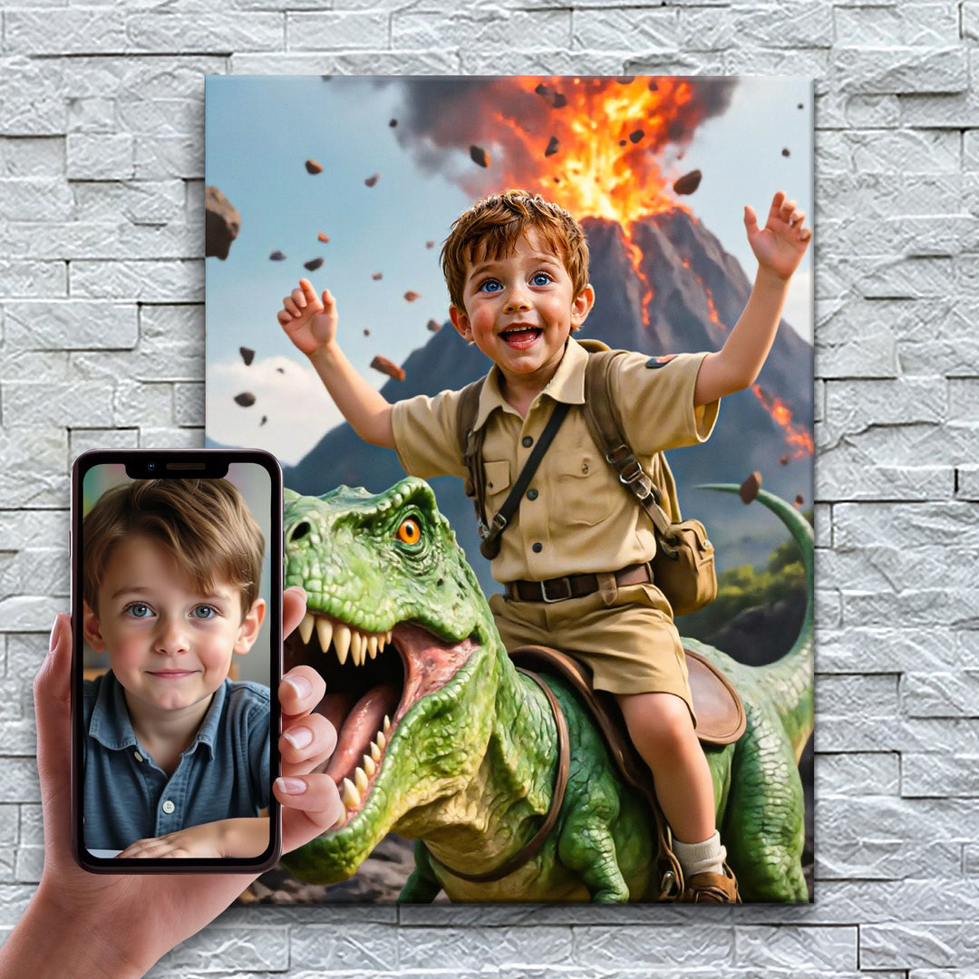 O Aventureiro dos Dinossauros – antes e depois: a foto enviada e o quadro pronto