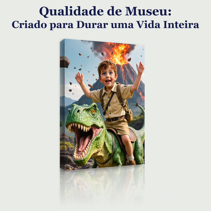 O Aventureiro dos Dinossauros – quadro canvas personalizado, qualidade de museu, criado para durar uma vida inteira