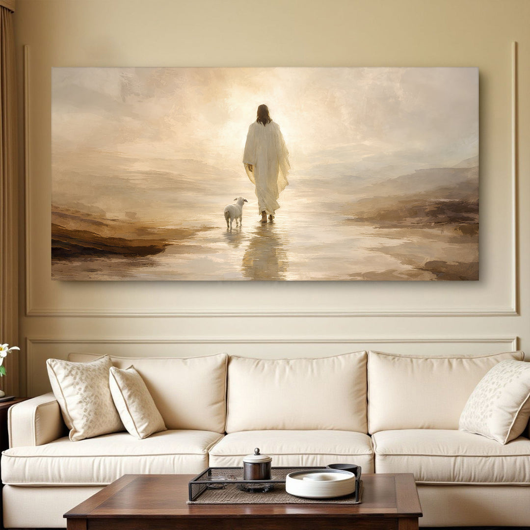 Quadro O Bom Pastor acima do sofá, em sala clara