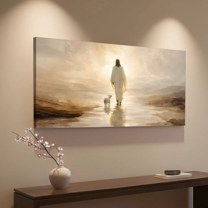 Quadro O Bom Pastor acima do aparador, com flores e livros