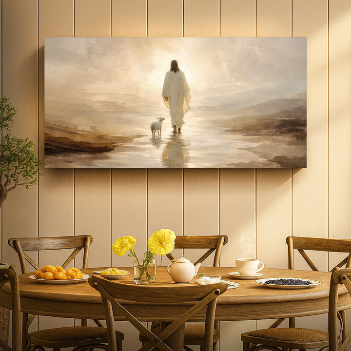 Quadro O Bom Pastor na sala de jantar, acima da mesa