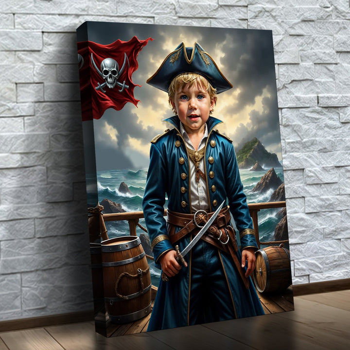 O Capitão Pirata – quadro canvas personalizado com o rosto da criança, na parede
