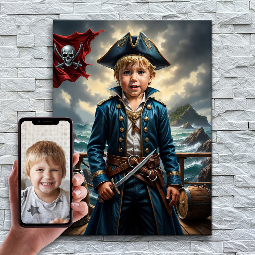 O Capitão Pirata – antes e depois: a foto enviada e o quadro pronto