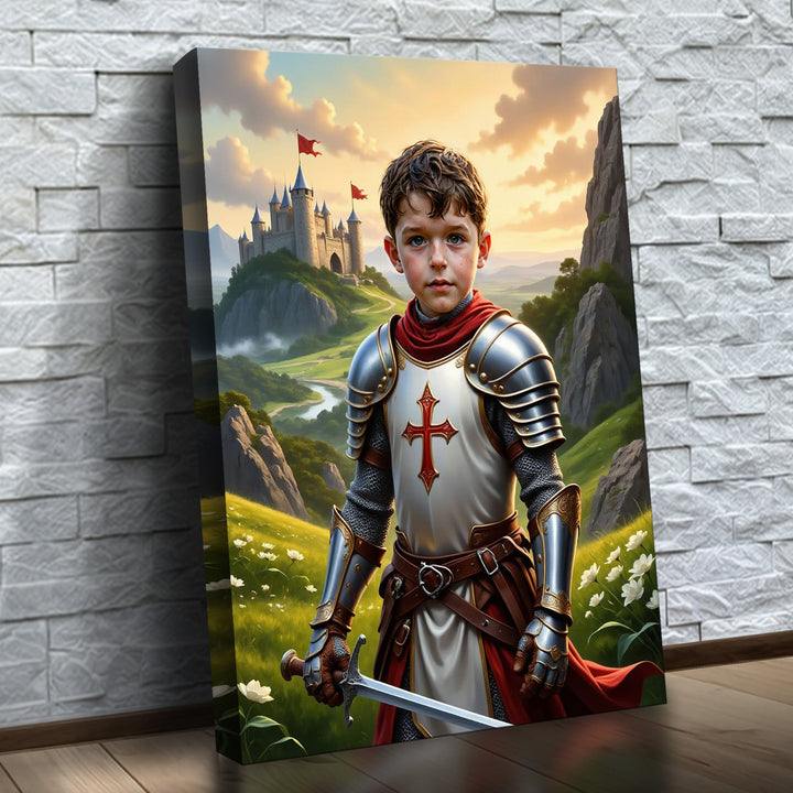 O Cavaleiro Cruzado – quadro canvas personalizado com o rosto da criança, na parede