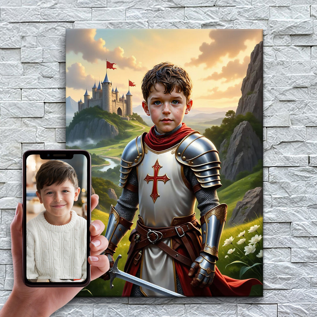 O Cavaleiro Cruzado – antes e depois: a foto enviada e o quadro pronto