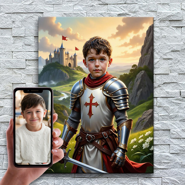 O Cavaleiro Cruzado – antes e depois: a foto enviada e o quadro pronto