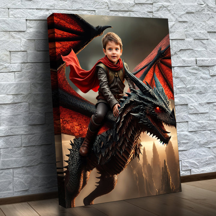O Cavaleiro do Dragão – quadro canvas personalizado com o rosto da criança, na parede