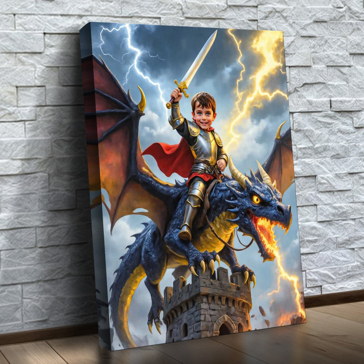 O Cavaleiro do Dragão da Tempestade – quadro canvas personalizado com o rosto da criança, na parede