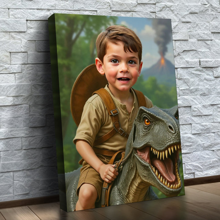O Cavaleiro dos Dinossauros – quadro canvas personalizado com o rosto da criança, na parede