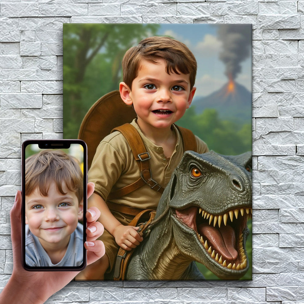 O Cavaleiro dos Dinossauros – antes e depois: a foto enviada e o quadro pronto