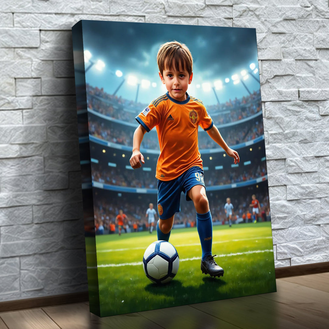 O Craque de Futebol – quadro canvas personalizado com o rosto da criança, na parede