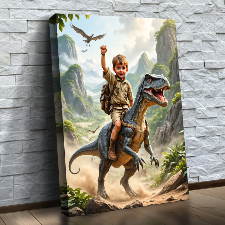 O Domador de Dinossauros – quadro canvas personalizado com o rosto da criança, na parede